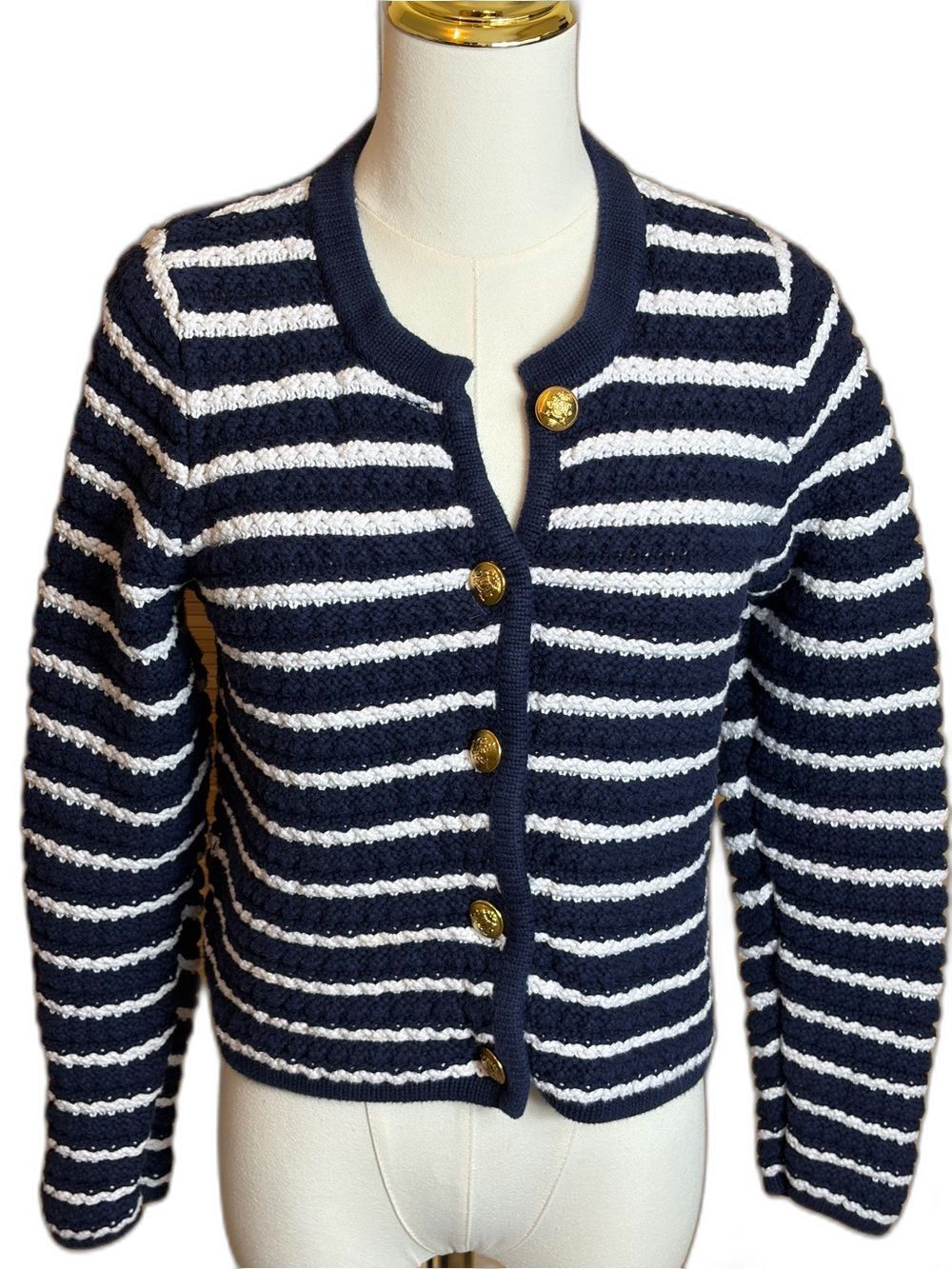 Gap Navy and White Striped Knit Cardigan Sweater M Academia